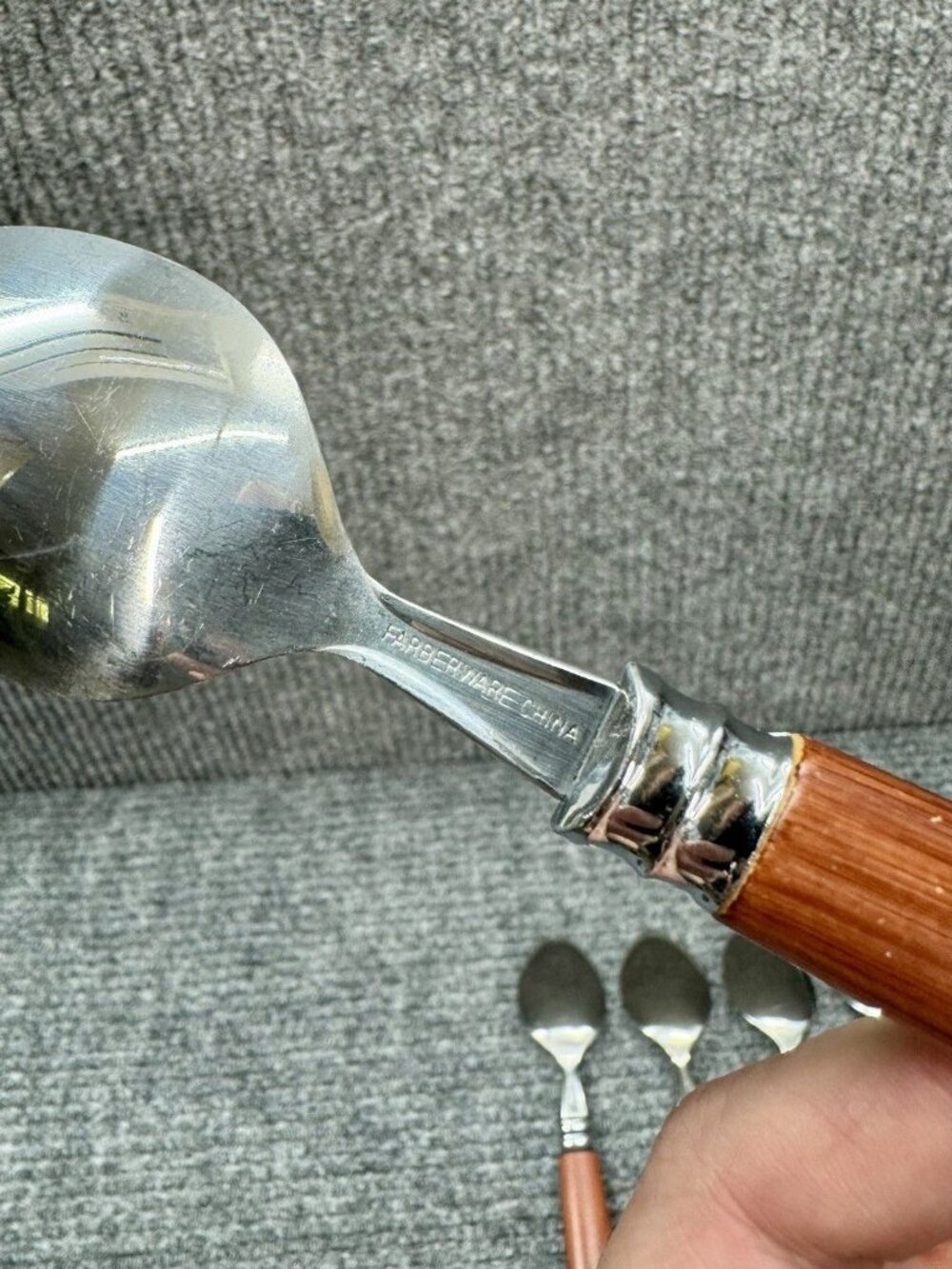 Faberware Silverware Lot Of 6 Spoons Faux Wood Brown Handle Set Oval Vintage - Picture 6 of 7